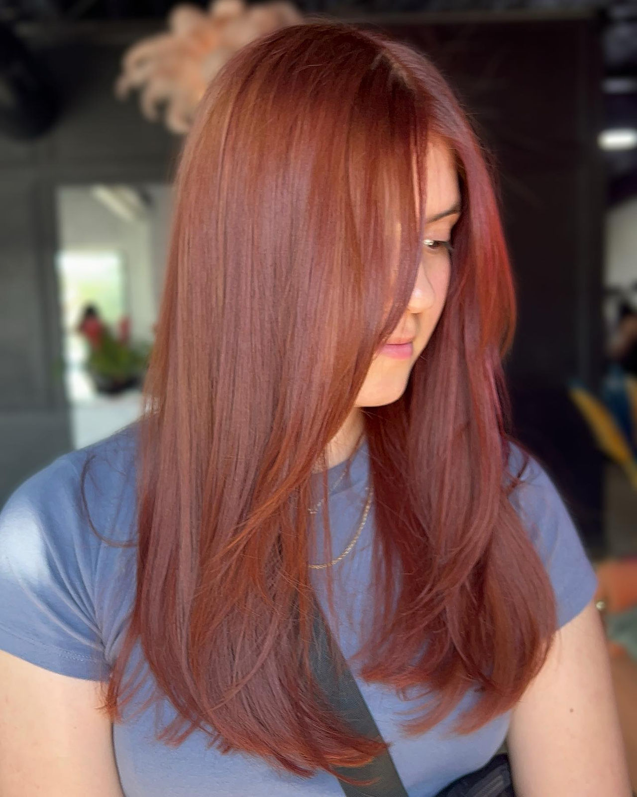Glossy copper-red color and cut by Jacqui